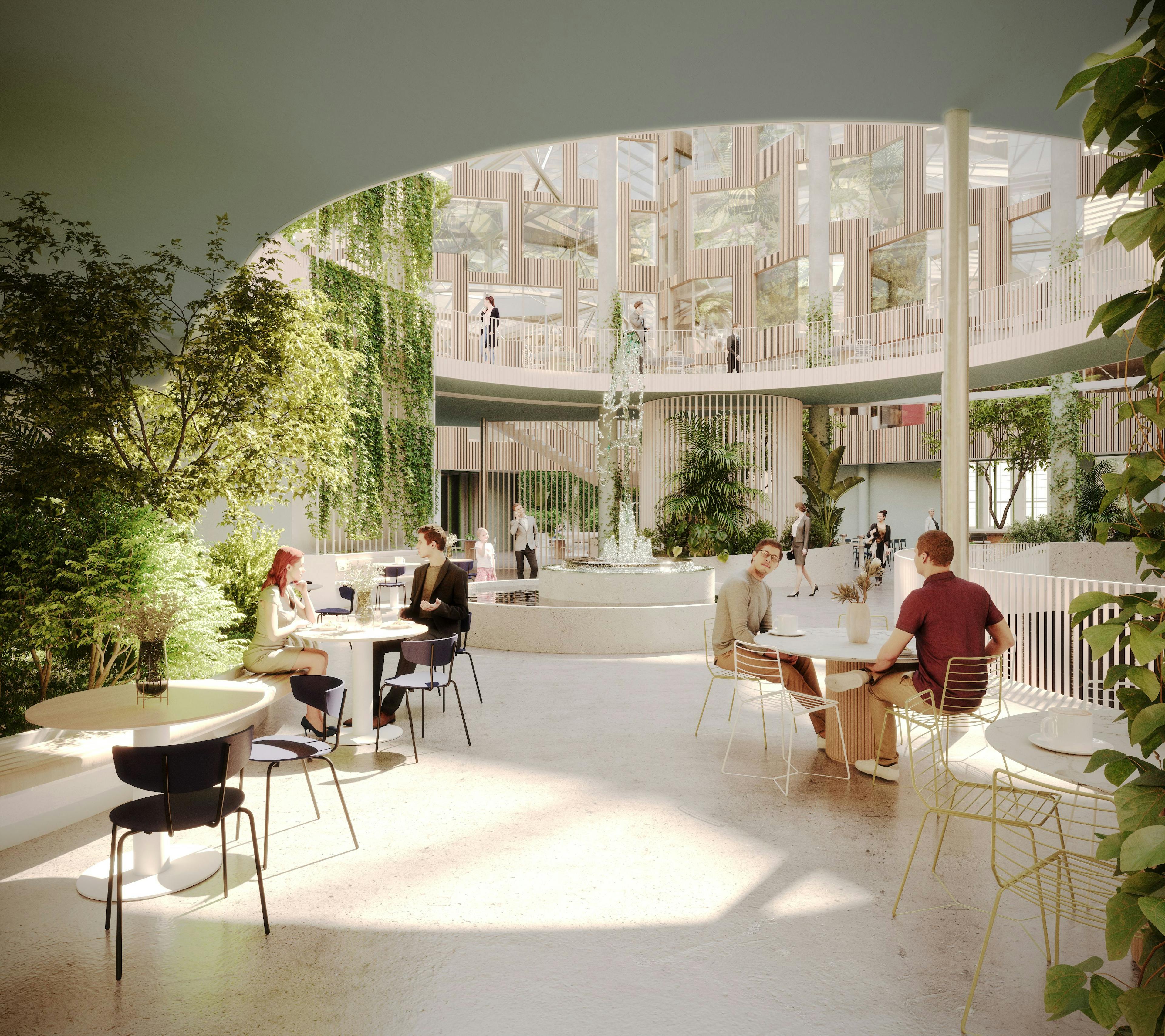 3D-illustrasjon av hagen/restaurant i nye Teknostallen